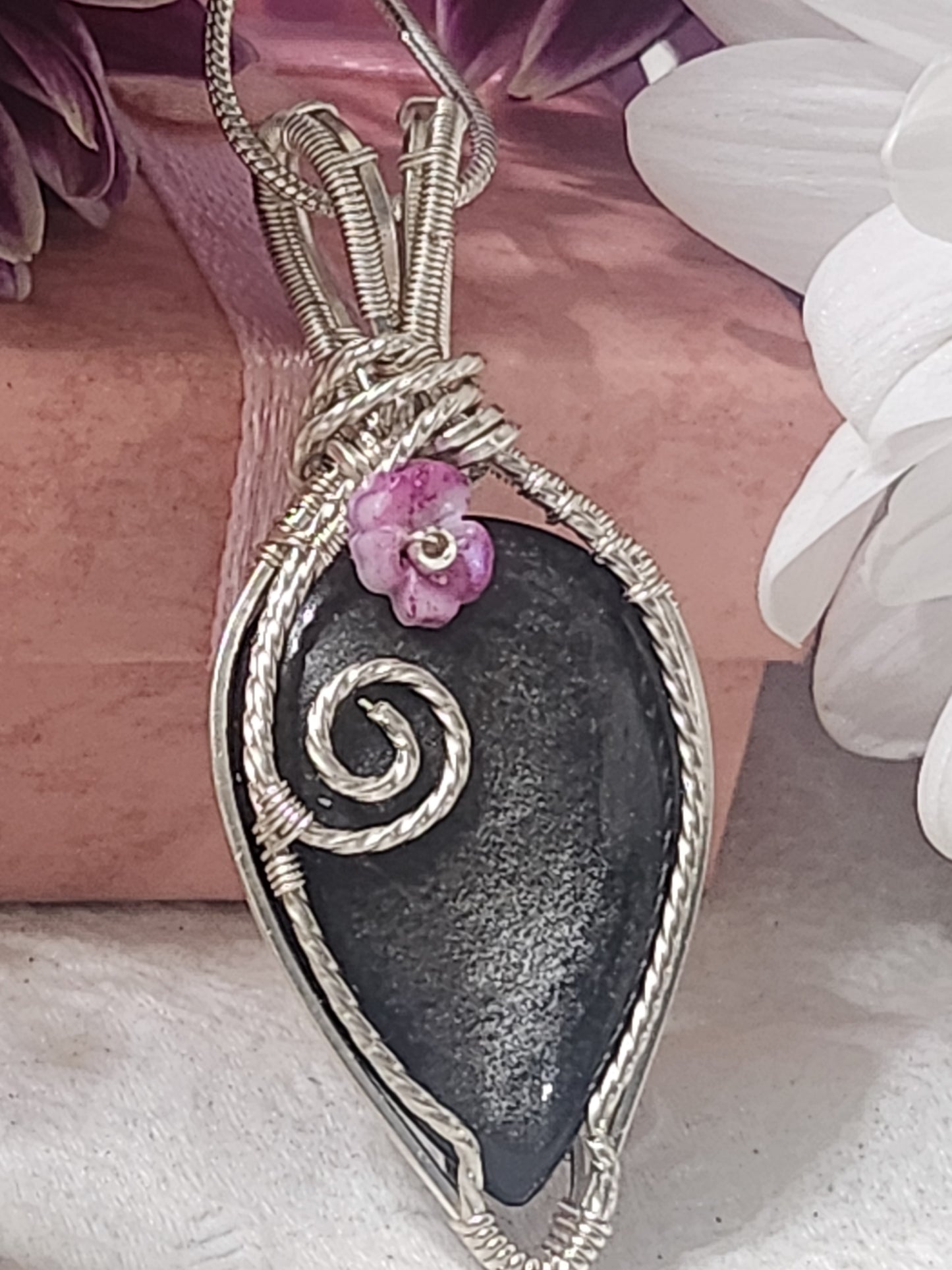 Silver Obsidian Pendant Solid 925 Sterling Silver wire
