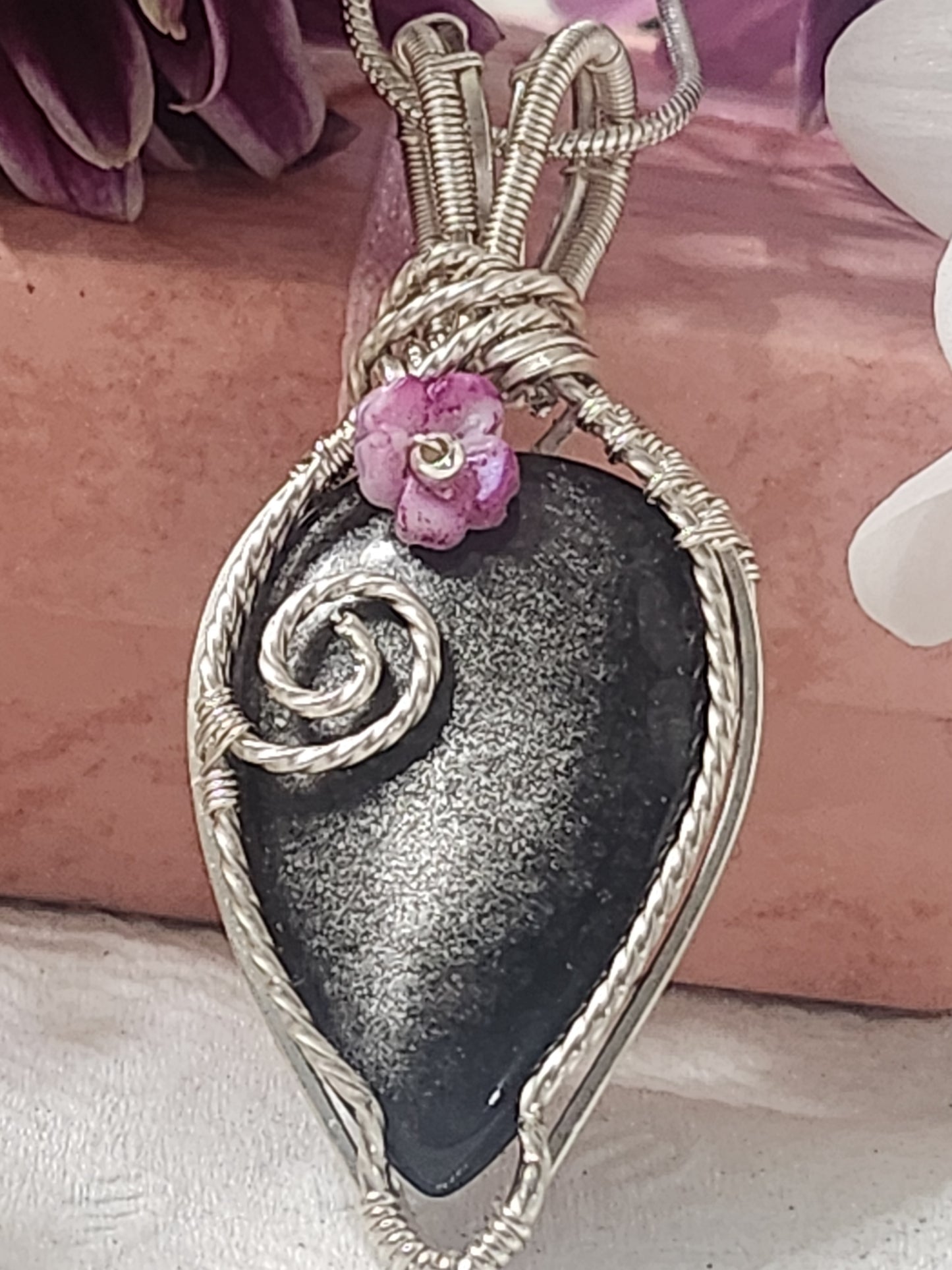 Silver Obsidian Pendant Solid 925 Sterling Silver wire