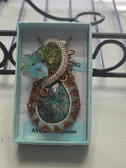 African Turquoise Copper & Silver Pendant